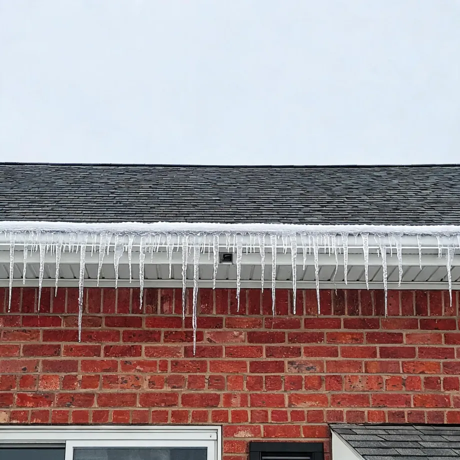 Icicles hang from a white gutter along the eave of a shingled roof above a red brick wall, with an overcast white sky above.
