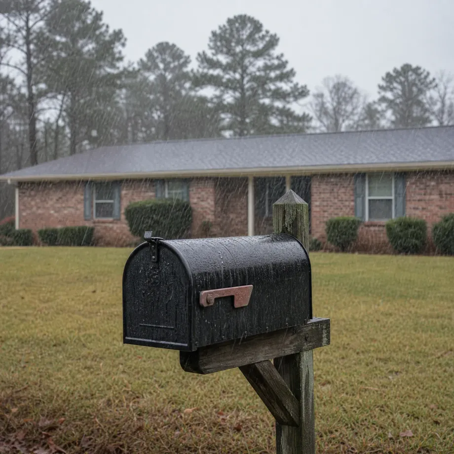 A black metal mailbox on a weathered wooden post stands in a grassy yard during rain, with a single-story brick house and tall pine trees behind it under a gray sky.