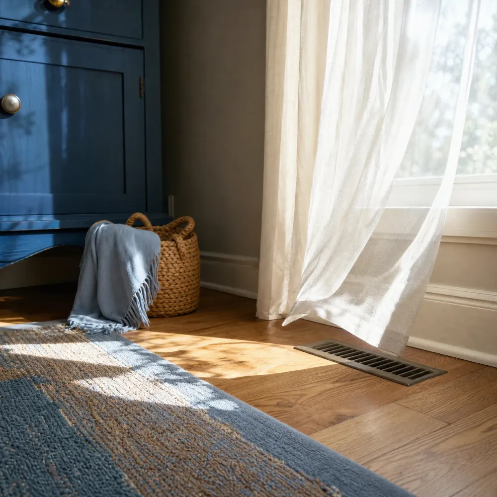 Sunlit room corner with a hardwood floor, a metal floor vent near the baseboard, sheer white curtains at a window, a woven basket with a light blue fringed throw beside a dark blue cabinet, and a blue and tan rug in the foreground.