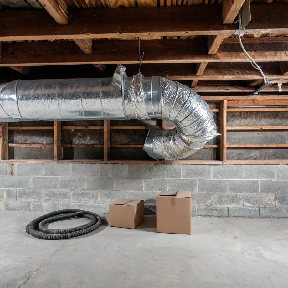 A basement or crawlspace with a large galvanized metal duct and insulated flexible duct running along wood floor joists above a concrete block wall, with two cardboard boxes and a coiled corrugated hose on the concrete floor.