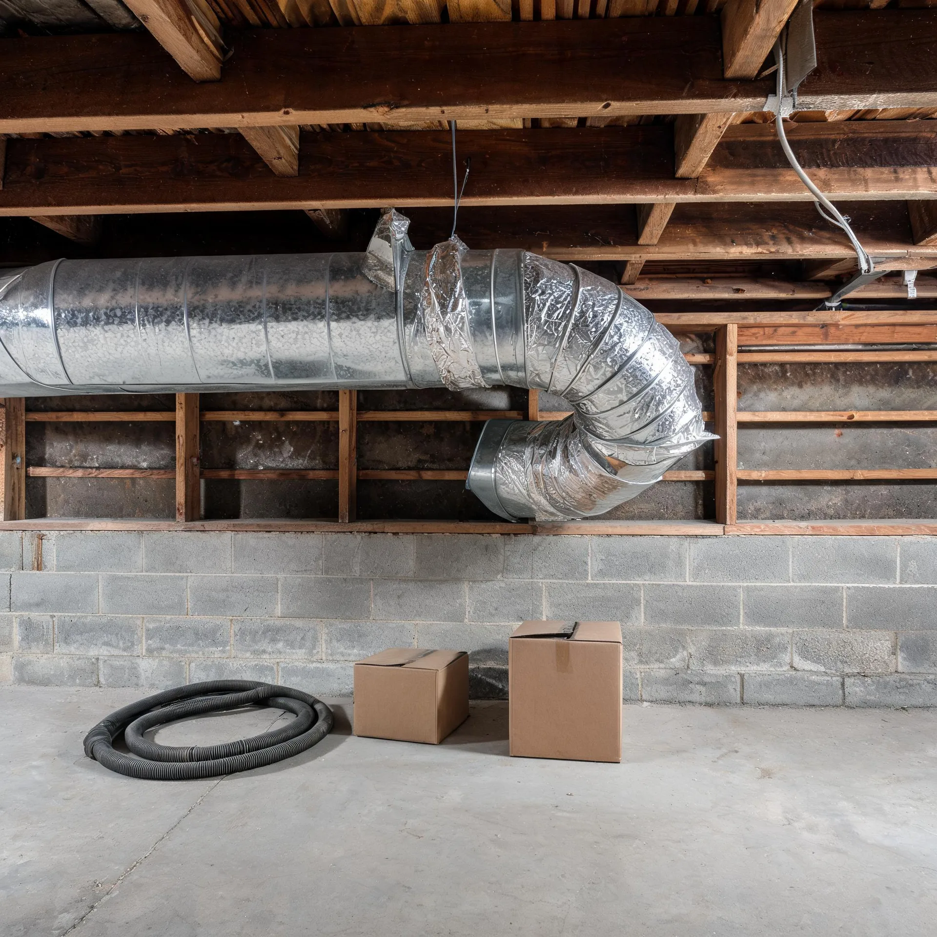 A basement or crawlspace with a large galvanized metal duct and insulated flexible duct running along wood floor joists above a concrete block wall, with two cardboard boxes and a coiled corrugated hose on the concrete floor.