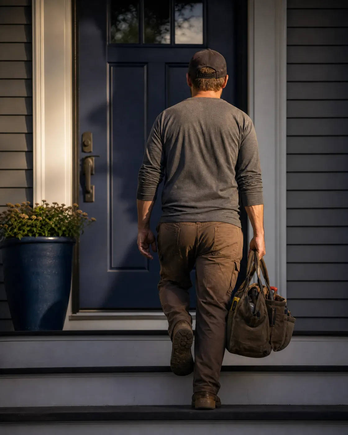 A man in a cap, gray long-sleeve shirt and brown work pants walks up porch steps toward a dark blue front door, carrying a canvas tool bag, with gray horizontal siding and a potted flowering plant nearby.