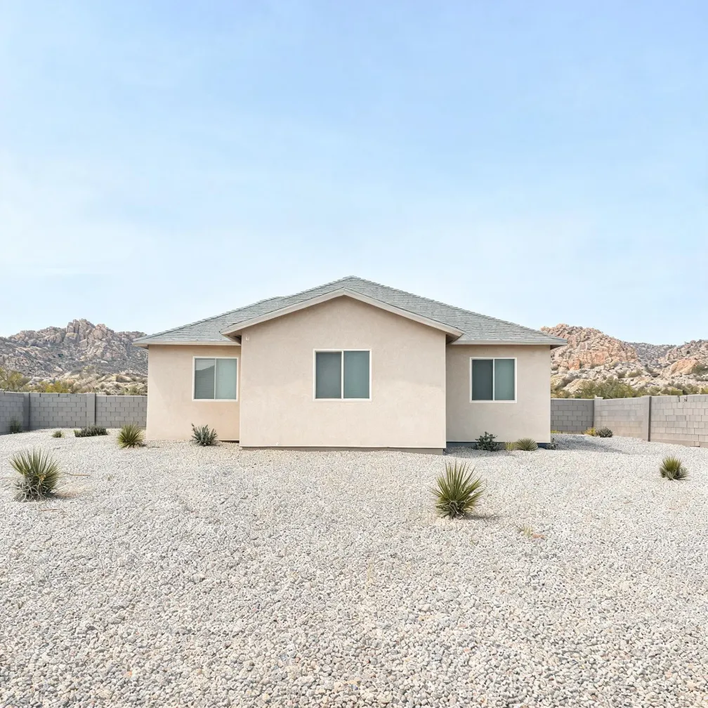 A single-story beige stucco house with a gray shingled hip roof and three windows, surrounded by a gravel yard with small yucca plants, a concrete block wall, and rocky hills in the background.