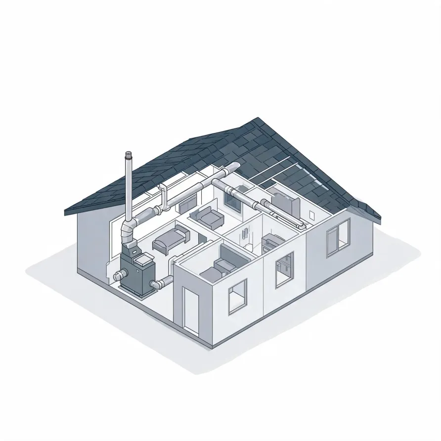 Isometric cutaway illustration of a single-story house showing interior rooms with furniture, ceiling ductwork, a furnace unit with a tall flue pipe, and a dark shingled roof.