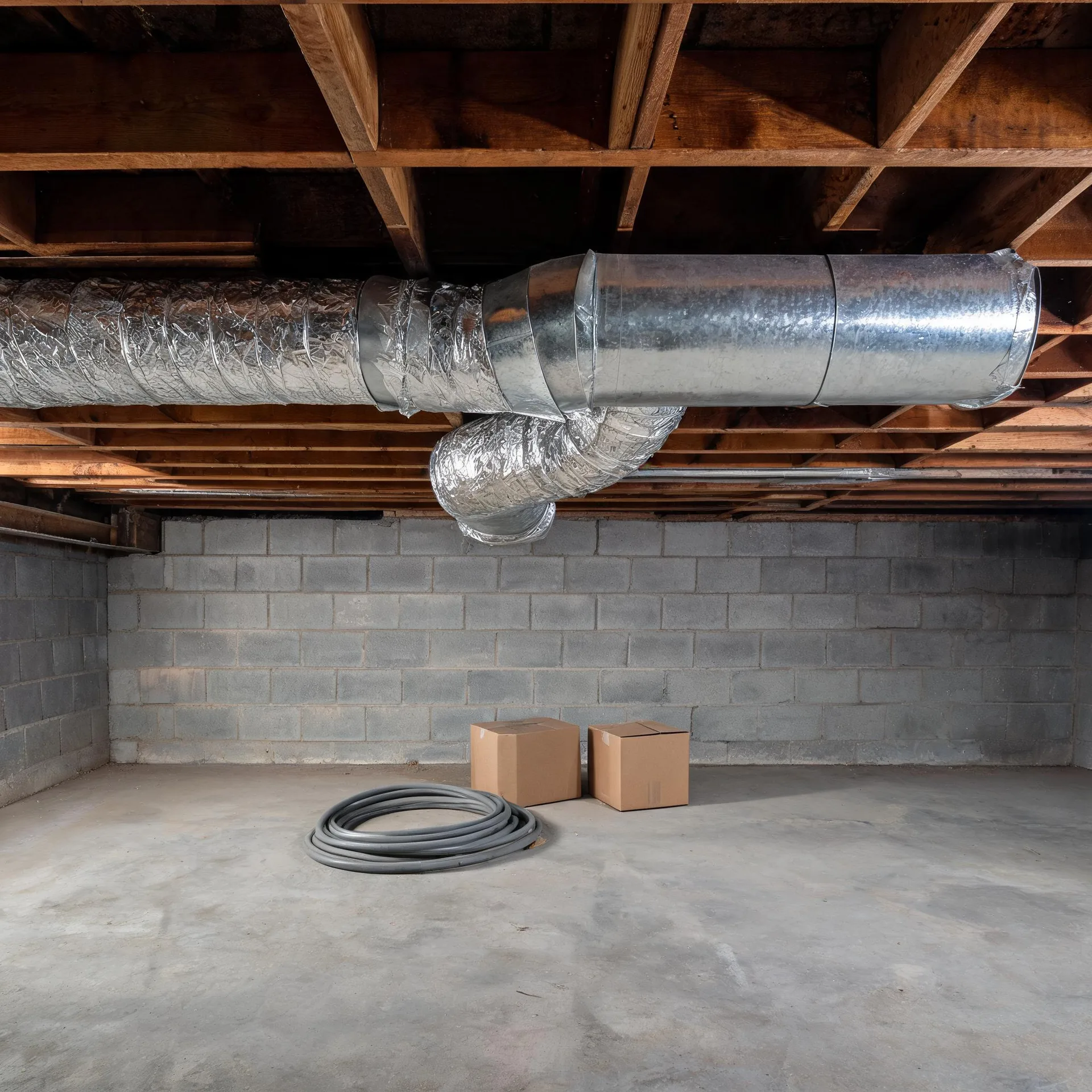 Unfinished basement with concrete block walls and bare concrete floor, insulated flexible and sheet-metal ductwork running along exposed wood floor joists, two cardboard boxes and a coiled gray hose on the floor.