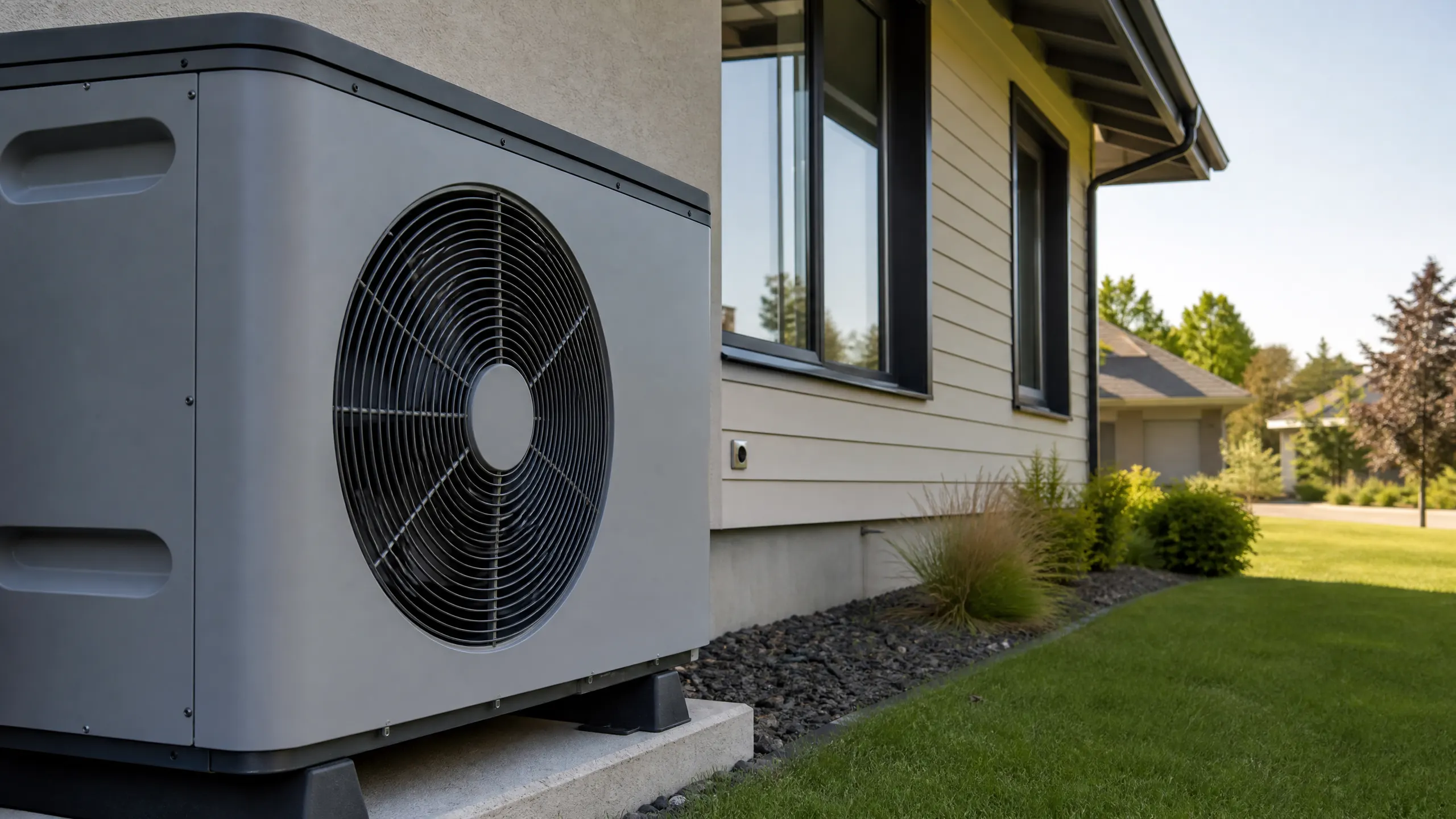 A grey outdoor HVAC unit mounted on a concrete pad beside the beige-sided exterior wall of a suburban house.
