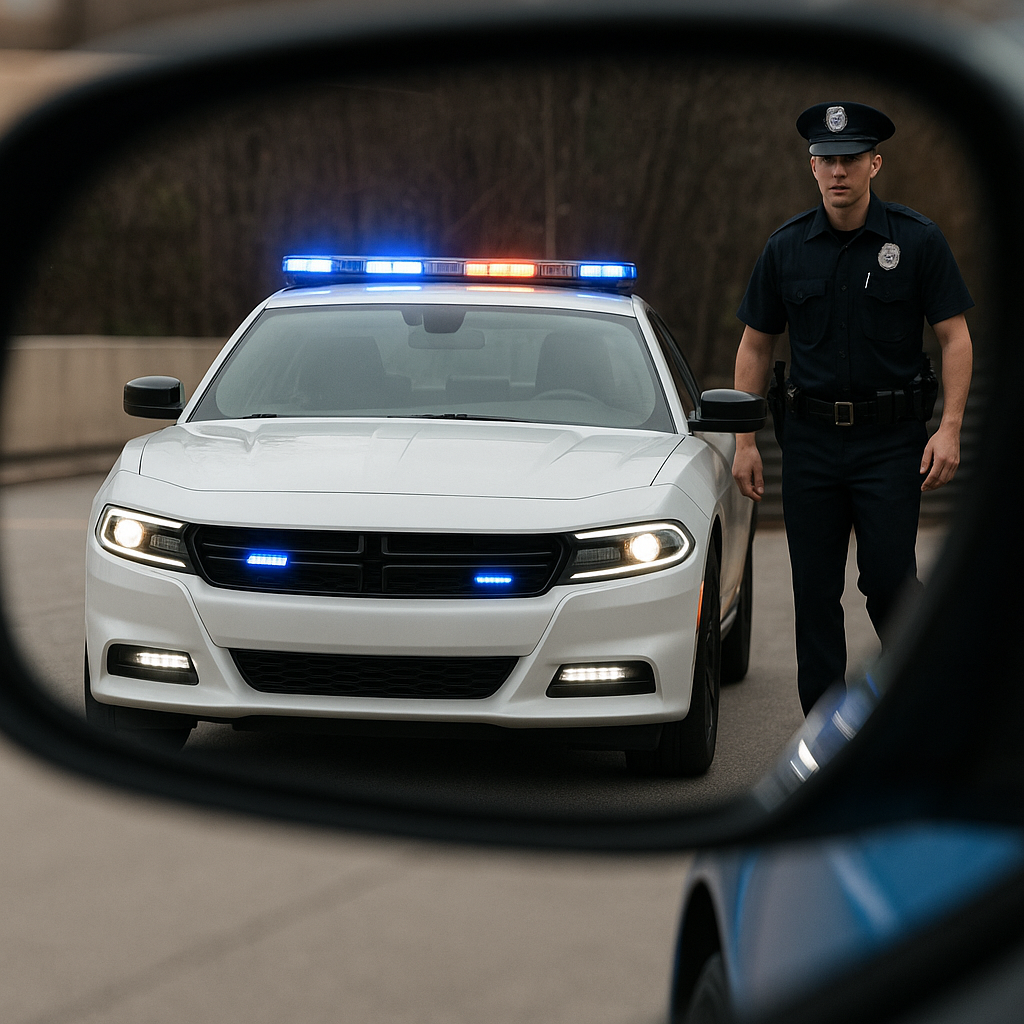 Police officer standing next to white patrol car with flashing lights, viewed through vehicle side mirror