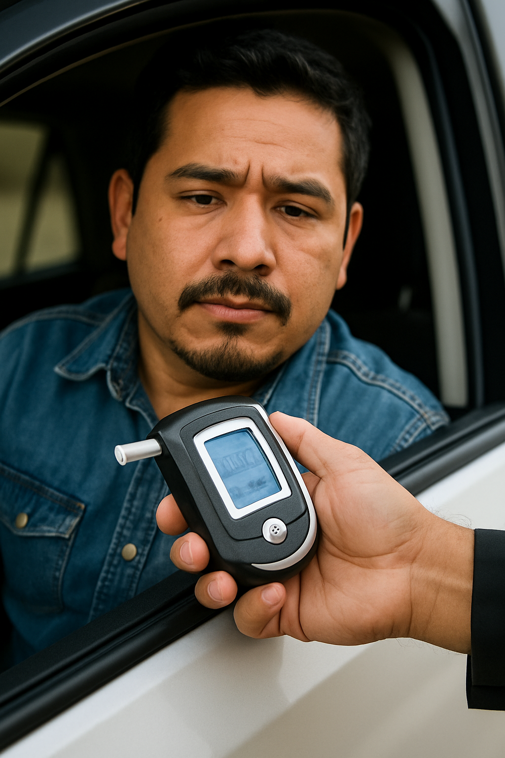 Man in car holding breathalyzer device with digital display for drunk driving testing