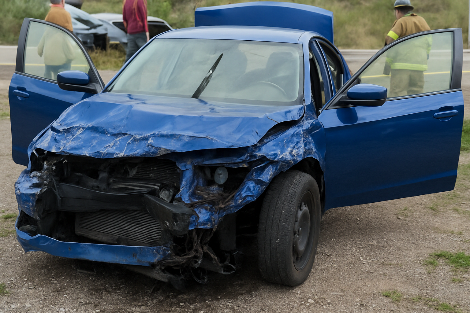 Damaged blue car with front-end collision damage and open doors at accident scene with emergency responders