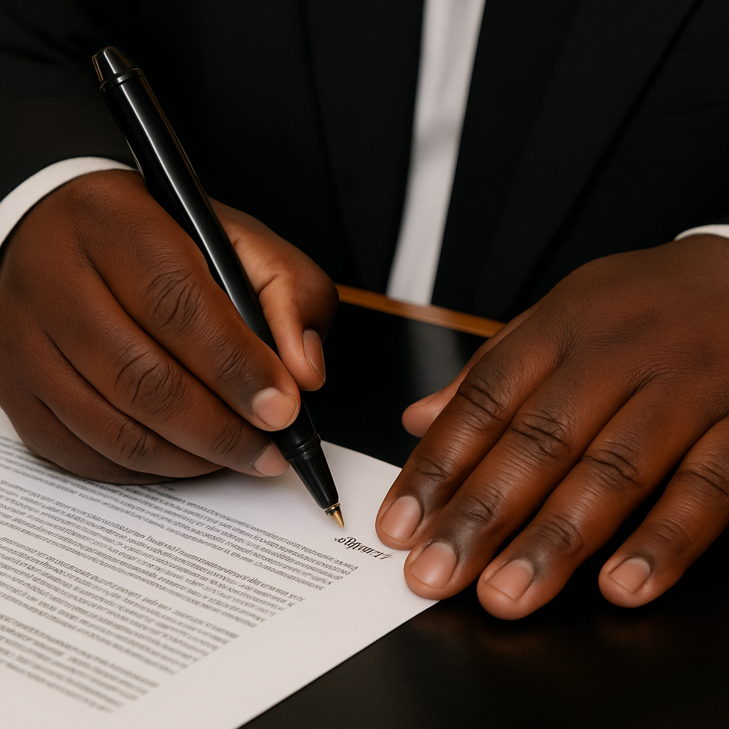 Hands in business suit signing a document with black pen on white paper