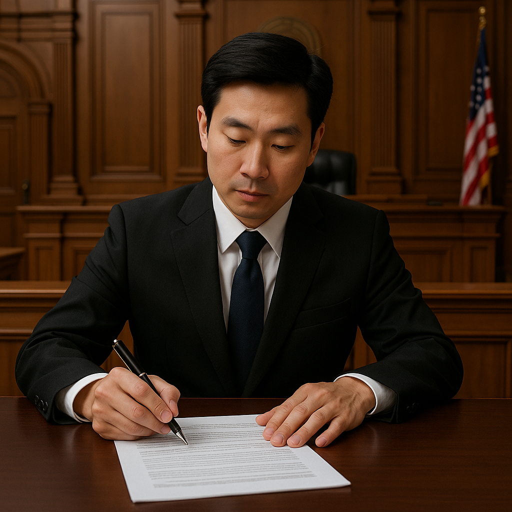 Professional Asian man in suit signing documents at wooden desk in formal office with American flag