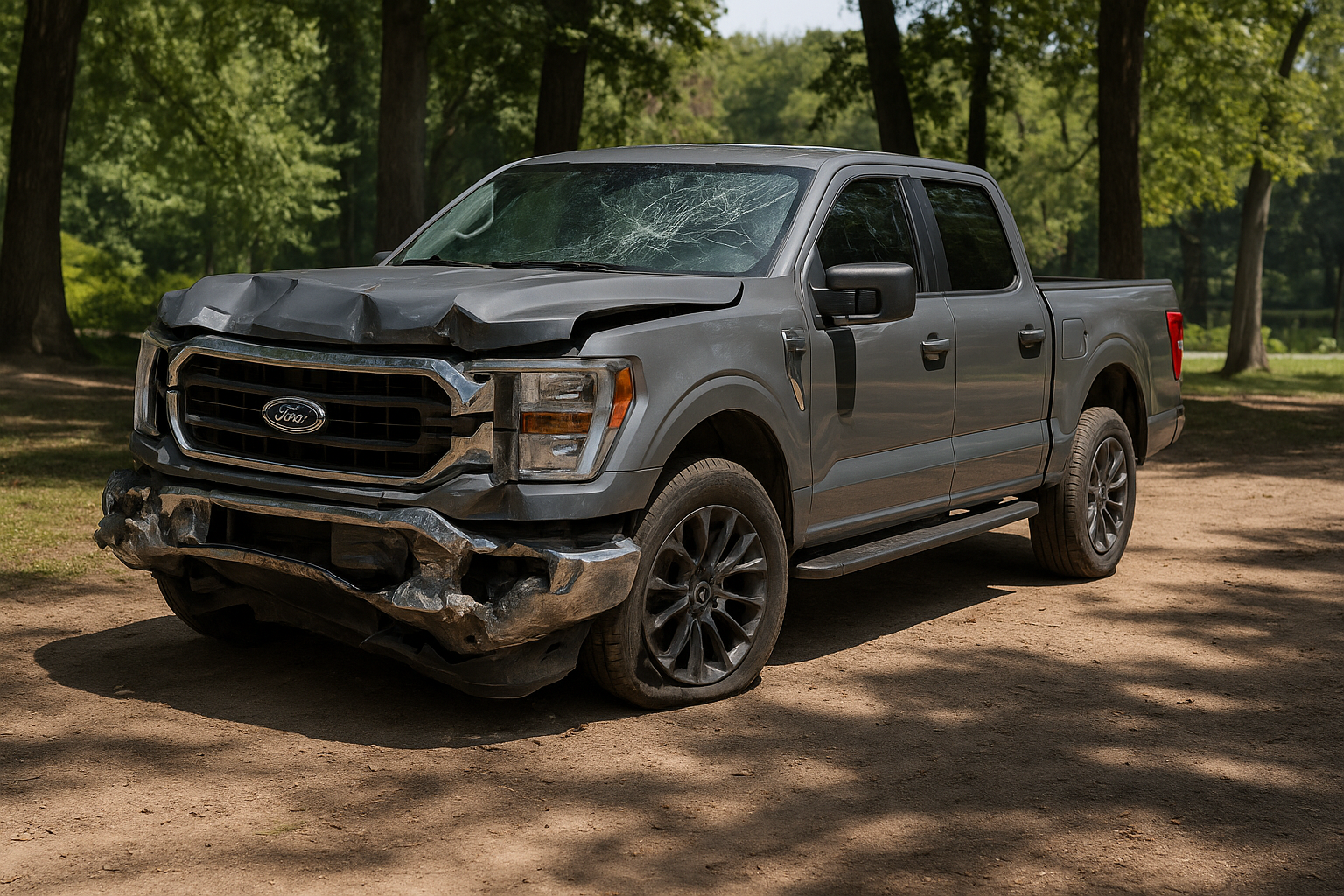 Damaged gray Ford pickup truck with cracked windshield and front-end collision damage parked under trees