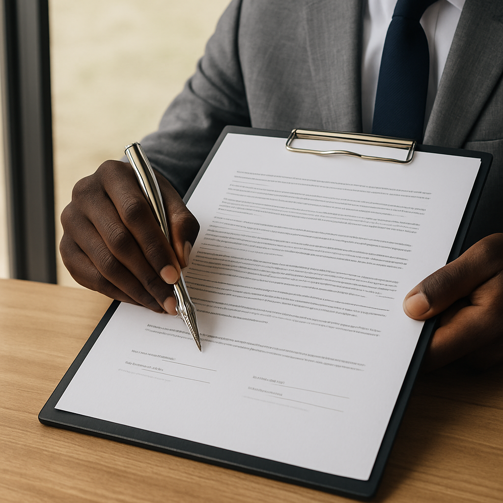Professional in gray suit signing document on clipboard with silver pen at wooden desk