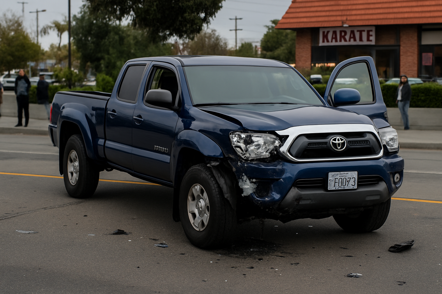 Damaged blue Toyota pickup truck with front-end collision damage in parking lot near karate studio