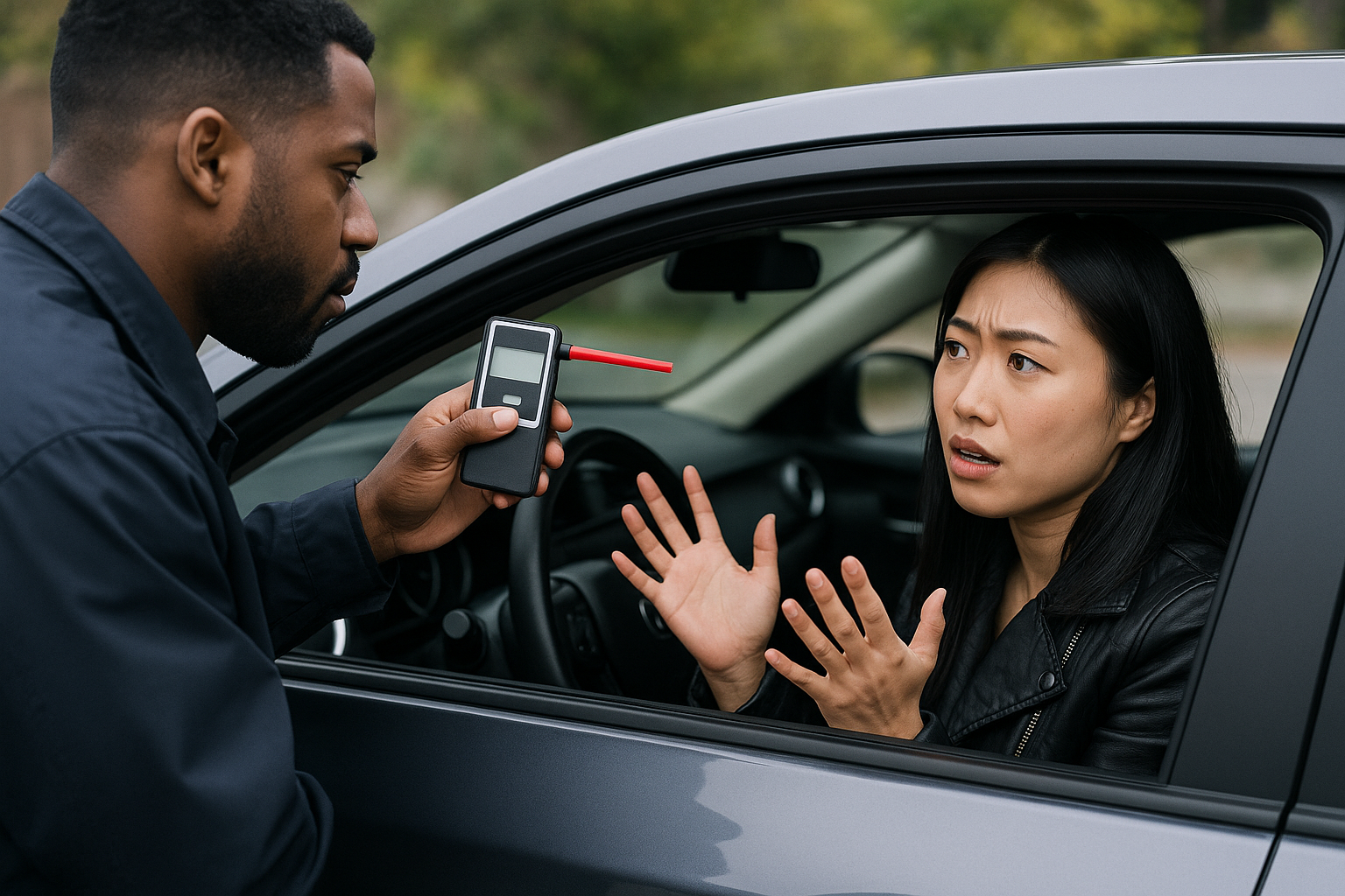 Police officer administering breathalyzer test to female driver during traffic stop