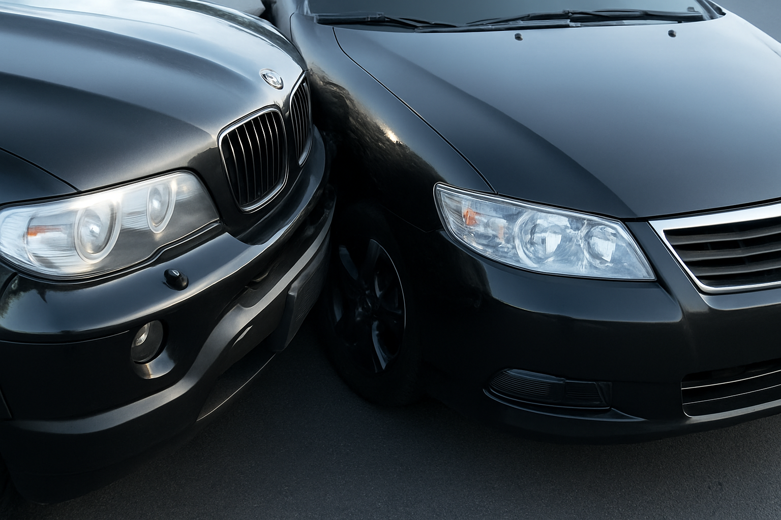 Close-up of two dark BMW car front ends with distinctive kidney grilles and headlights