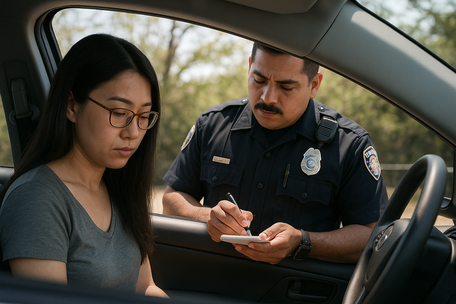 Police officer writing a traffic ticket while talking to a female driver through her car window