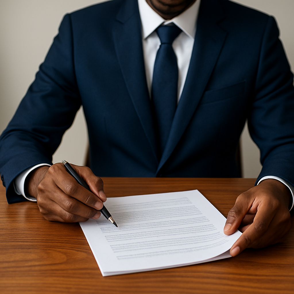 Professional in navy suit signing document at wooden desk with pen