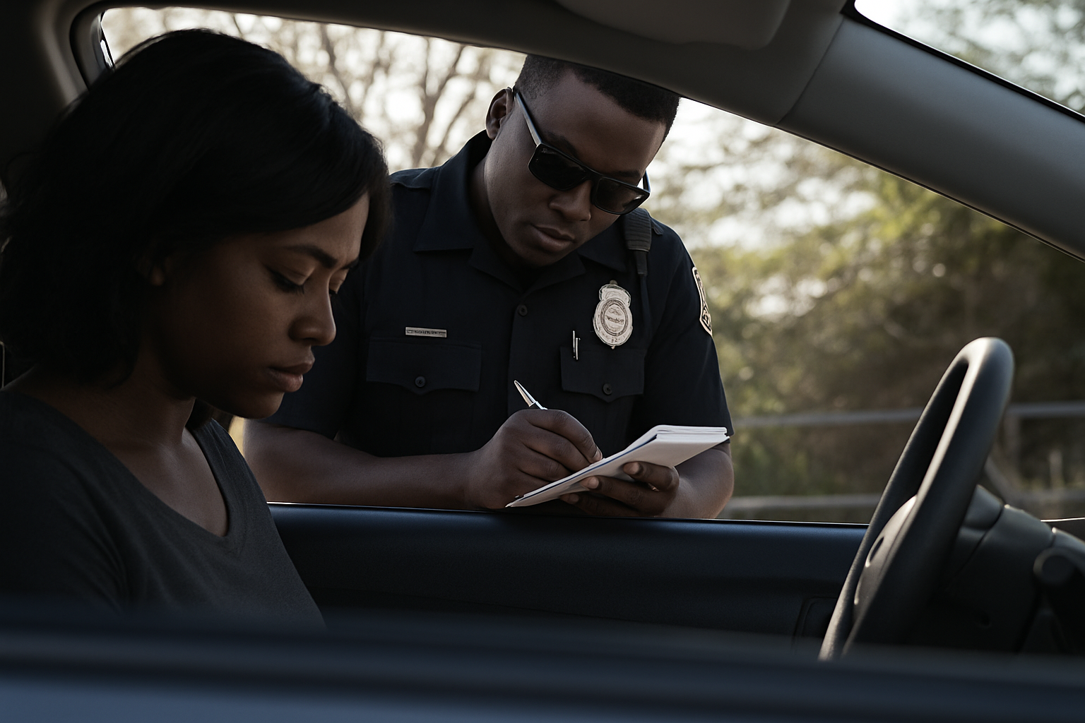 Police officer in uniform writing a traffic ticket while speaking to female driver in car during traffic stop