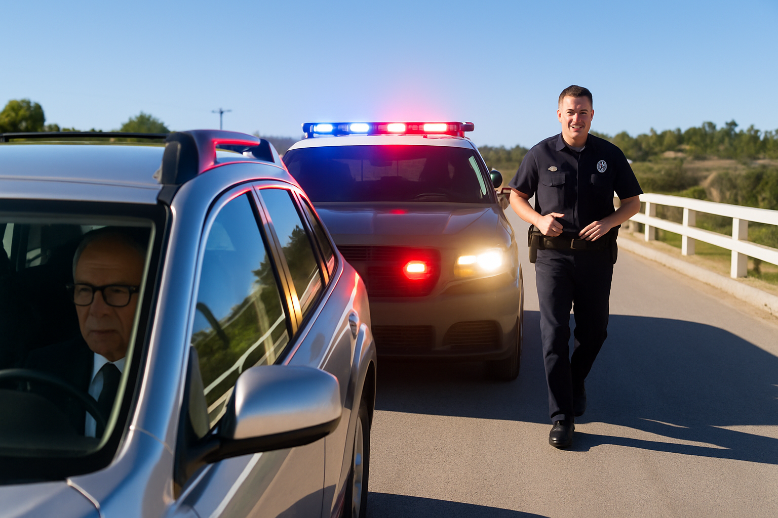 Police officer conducting traffic stop with patrol car emergency lights activated on rural road